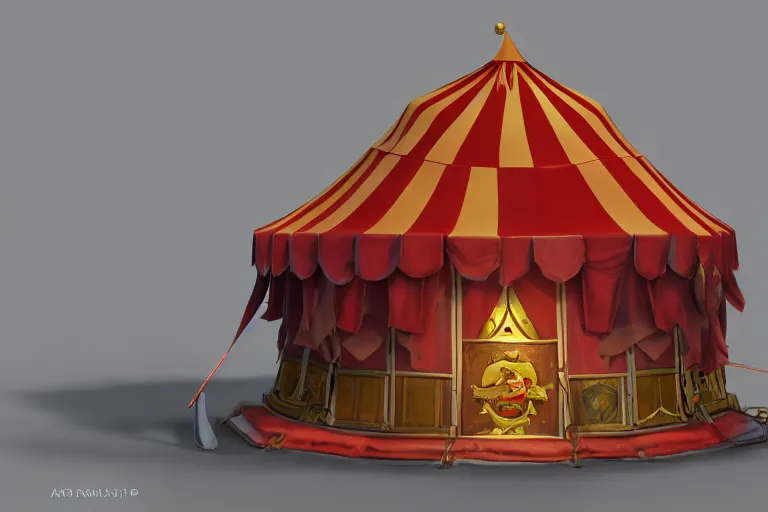 Prompt: 3d sculpt of an evil looking circus tent, artstaton, League of Legends, red dead redemption2, overwatch, digital illustration