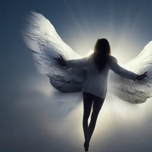 Image similar to people looking to an angel appearing in the sky, 8 k