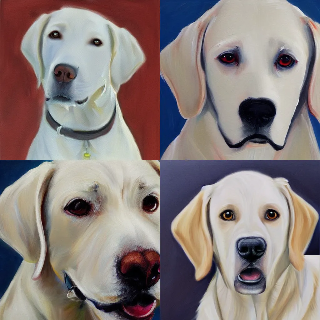 Prompt: white labrador retriever face, excited, realistic painting style by edwin megargee