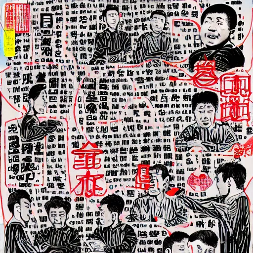 Image similar to chinese men in a prison, heart kidney lungs, in the style of daniel johnston and outsider art, 4k, line brush, overlaid with chinese adverts and mandarin text