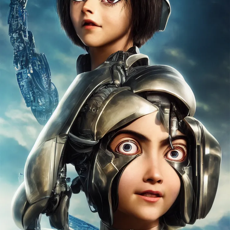 Prompt: scifi alita battle angel, elegant lady, big eyes, smiling face, extremely high detail, extremely high detailed face, cyborg, photorealism, sony a 7 r