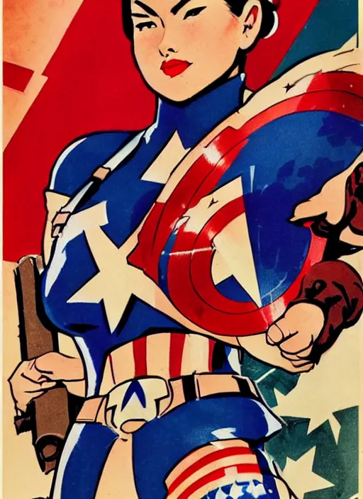 Prompt: beautiful asian female captain america standing on a pile of defeated, beaten and broken german soldiers. feminist captain america wins wwii. american wwii propaganda poster by james gurney. gorgeous face. overwatch. anime