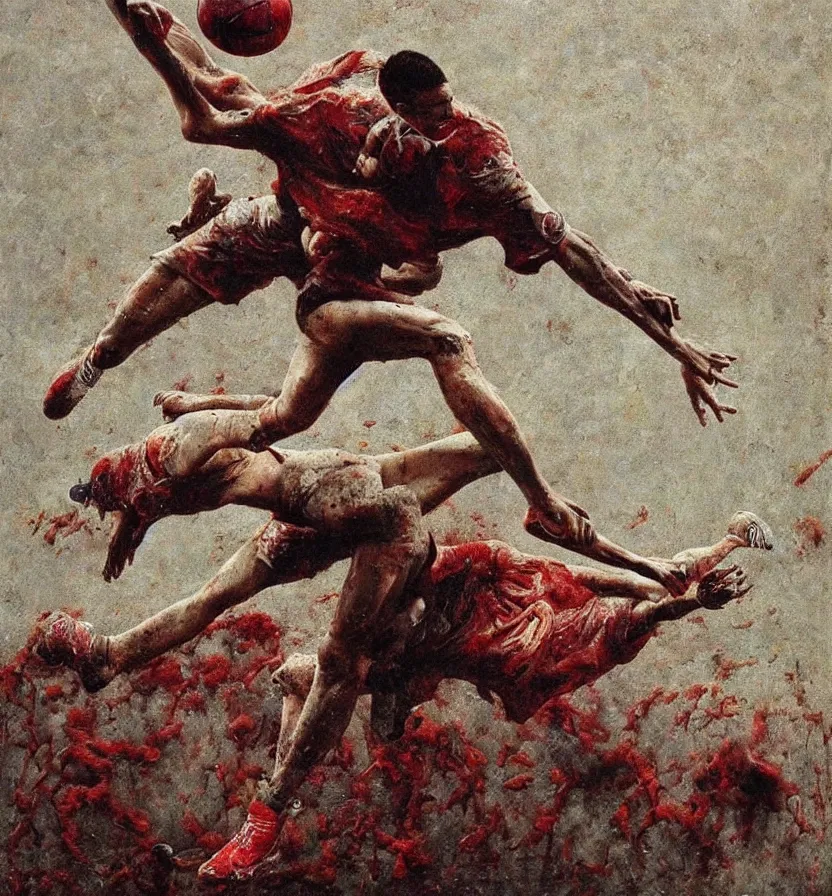 Image similar to cristiano Ronaldo meat limbs tackling an angel with a Nike ball, football beksinski siudmak