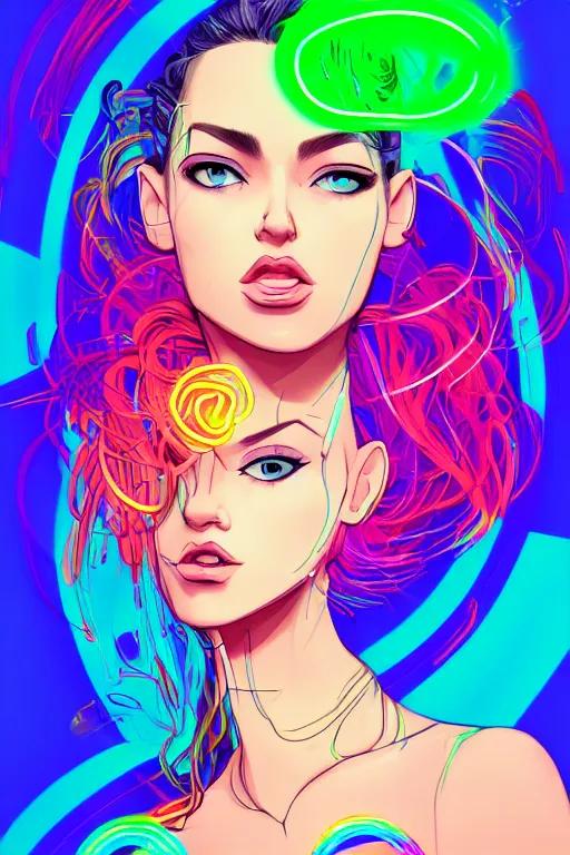 Image similar to a award winning portrait of a beautiful woman with stunning eyes in a one off shoulder crop top and cargo pants with rainbow colored hair, outlined by whirling illuminated neon lines and fine lines swirling in circles by greg tocchini, digital art, trending on artstation