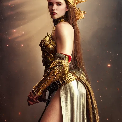 Image similar to portrait of gorgeous russian woman in armor, dramatic lighting, silver gold red details, filigree, intricate details, cinematic, elegant, octane render, art nouveau, 8k post-processing, intricate art by John Collier and Albert Aublet and Krenz Cushart and Artem Demura and Alphonse Mucha,