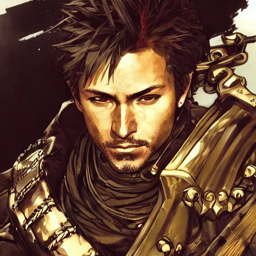 Image similar to portrait of a hero holding his sword in front of his face by yoji shinkawa, high quality, extra details, realism, ornate, colored, golden chain, blood, white skin, short hair, brown eyes, vivid, sunlight, dynamic, american man, freedom, handsome, dynamic lighting, dimensions, dimensional