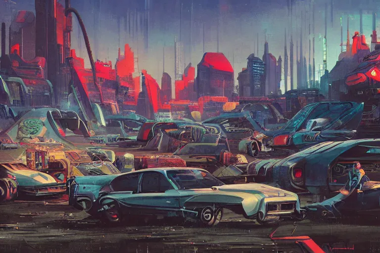 Prompt: junkyard. in cyberpunk style by Vincent Di Fate