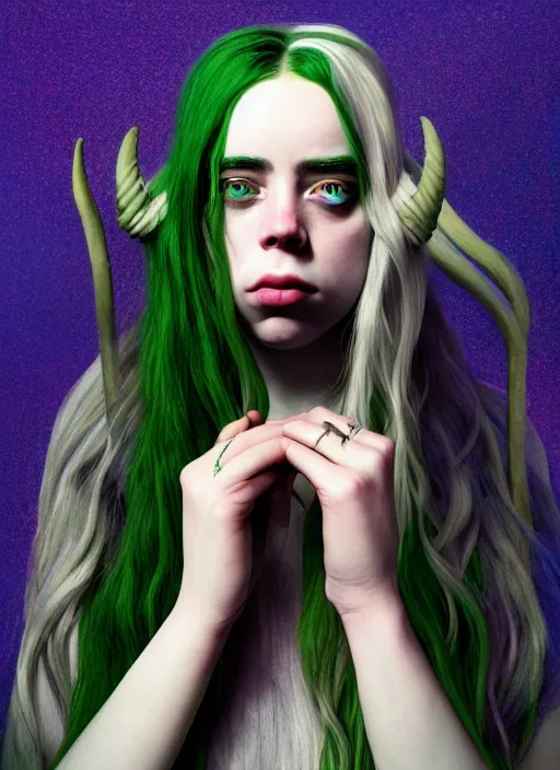 Image similar to Billie Eilish as female loki, goddess of mischief, hyper detail, hyper realistic, octane render, golden hour, gorgeous symmetrical face, elegant, by Gustave Courbet