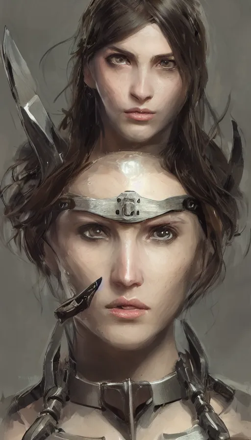 Image similar to a professional portrait of an attractive young female, partially clothed in battle armor, olive skin, long dark hair, beautiful bone structure, symmetrical facial features, intricate, elegant, digital painting, concept art, illustration, sharp focus, from Metal Gear, in the style of Ruan Jia and Mandy Jurgens and GregRutkowski and William-Adolphe Bouguerea, 3:4 ratio