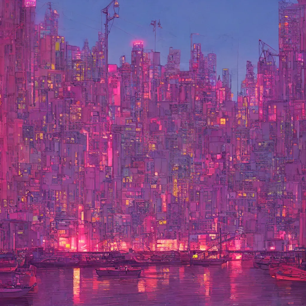 Prompt: the city lights were bright pink and orange and shone overhead. the harbour looked beautiful the sun reflecting off of the water and the neon lights of the city gave of a warm feeling, trending on artstation, by moebius