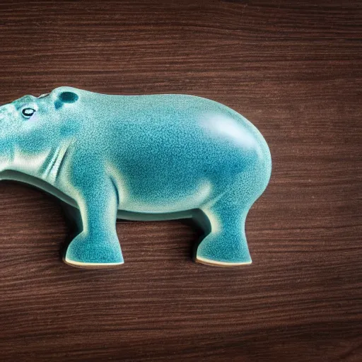 Prompt: a smooth museum - quality hippopotamus made of polished wood with visible wood grain grafted onto teal blue ceramic, hd photograph, matte gray background