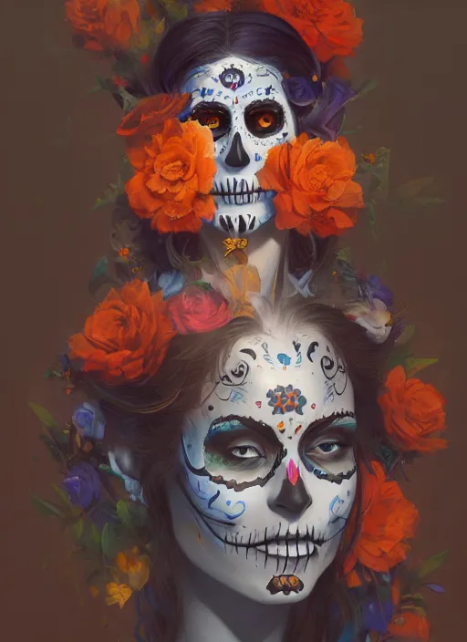 Image similar to portrait of dia de muertos, extremely detailed digital painting, in the style of fenghua zhong and ruan jia and jeremy lipking and peter mohrbacher, mystical colors, rim light, beautiful lighting, 8 k, stunning scene, raytracing, octane, trending on artstation