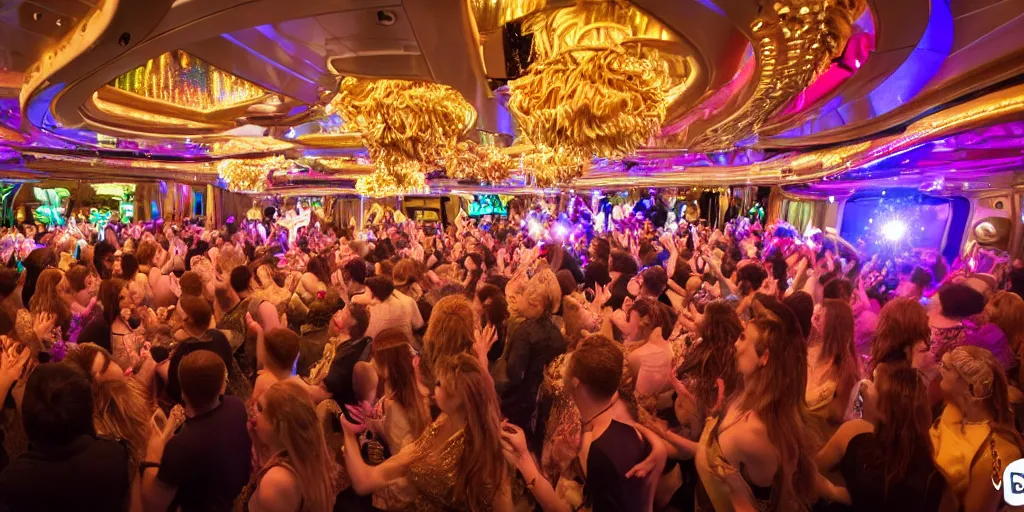 Image similar to 8 k uhd cinema 4 d, octane render of multiple cats with fluffy tails, dressed as vegetables, line dancing at a party, in the ballroom of a luxury cruise liner, beautiful chandeliers from the ceiling, ultra realistic, wide angle shot, group photography 1 8 mm lens, multi coloured volumetric lighting