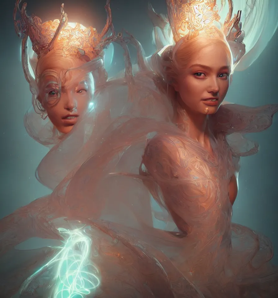 Image similar to portrait of a beautiful princess in robe. bio luminescent biomechanical halo around head. artwork by jarold Sng by artgerm, by Eddie Mendoza, by Peter mohrbacher by tooth wu, unreal engine, octane render, cinematic light, high details, iridescent colors, dichroic, macro