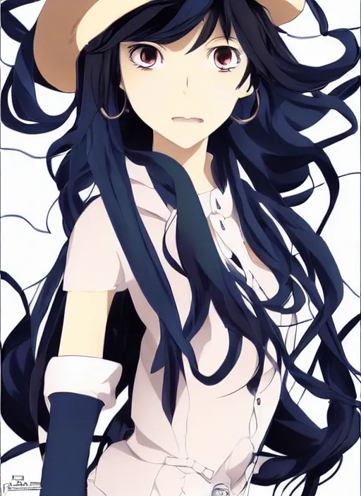 Image similar to key anime visual of a beautiful girl wearing a beige beret and blue shirt; long black hair; anime; drawn by Shigenori Soejima; 3 tone colors