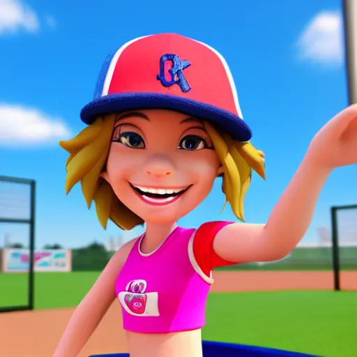 Image similar to cartoon character skater girl with a baseball cap, mascot for a website, 3 d render character art 8 k