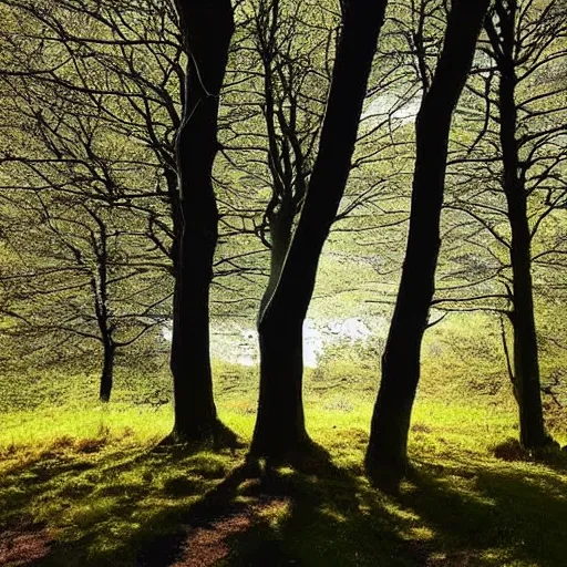 Prompt: solitude wicklow dublin country side starlight nighttime big green trees forrest guardian angel sun breaking through the branches shining on one man crying in the woods and screaming for help