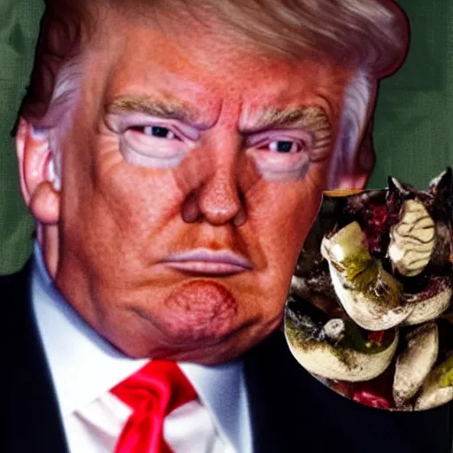 Image similar to donald trump in a dark ramshackle room hunched over a pile of rotting fruit and eating it. his eyes are half closed and he is looking at the camera. picture taken with an old phone with the flash on. grainy low quality