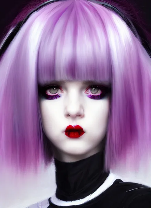 Image similar to portrait of white teenage girl, normal face, black bangs, mall goth, cyberlox, black and white hair, bangs, fluffy bangs, red contacts, purple lipstick, intricate, elegant, highly detailed, digital painting, artstation, concept art, sharp focus, smooth, illustration, art by wlop, mars ravelo and greg rutkowski