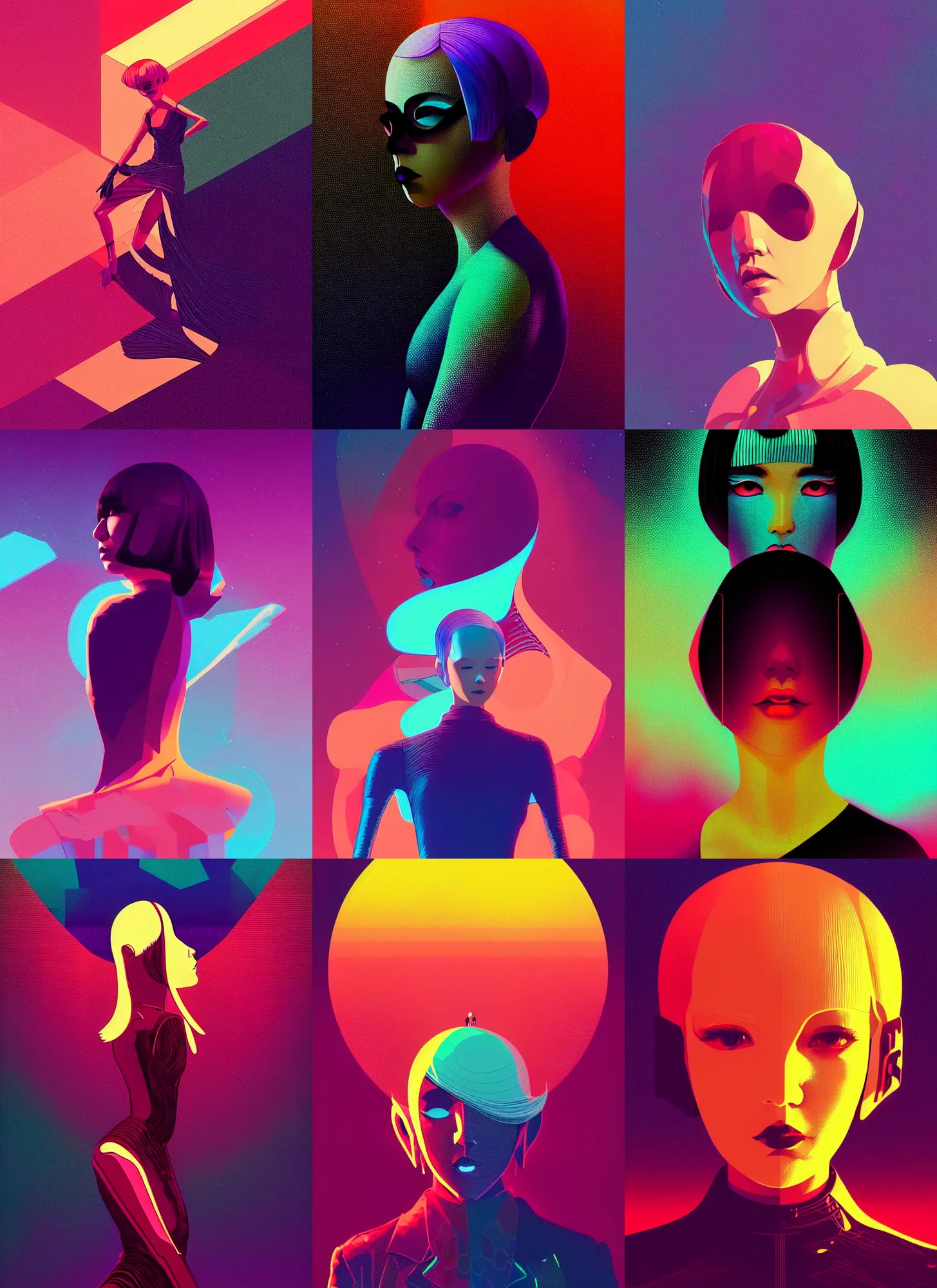 Prompt: ( ( dither ) ), editorial illustration portrait of reol, dynamic pose, modern art deco, colorful, ( ( mads berg ) ), christopher balaskas, victo ngai, rich grainy texture, detailed, dynamic composition, wide angle, moebius, matte print, night sky!!!, ( ( pixel sorting ) )