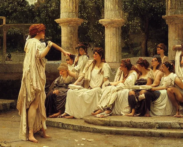 Prompt: euripides's medea performed in an ancient greek amphitheater by lawrence alma - tadema,