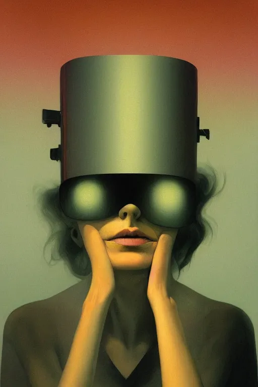 Image similar to woman wearing Oculus and digital glitch head Edward Hopper and James Gilleard, Zdzislaw Beksisnski, higly detailed