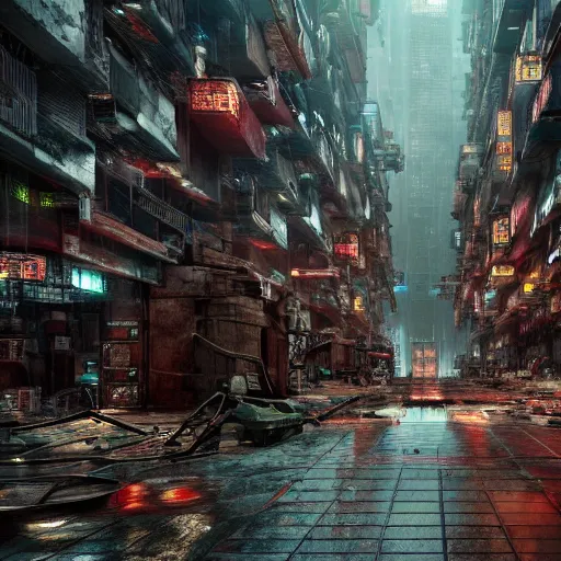 Prompt: photograph of a dystopian city, cyberpunk style, inspired by kowloon walled city, render, octane render, unreal engine, 4 k, dramatic composition