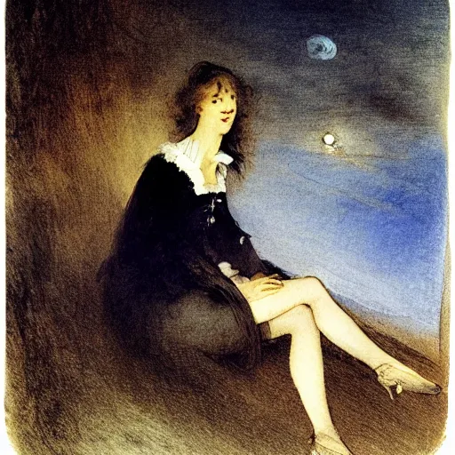 Prompt: a beautiful dark - haired girl riding a concorde and smoking a gauloise blue hour lighting, lumnious, magical, atmospheric, backlight photo sample, illustration by goya, jmw turner and jean antoine watteau