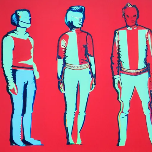 Prompt: panels of primary colors lithography cyborgs in the style of andy warhol