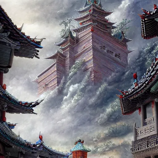 Image similar to dynamic composition, motion, ultra-detailed, incredibly detailed, a lot of details, amazing fine details and brush strokes, colorful and grayish palette, smooth, HD semirealistic anime CG concept art digital painting, watercolor oil painting of epic castle gate, from Three Kingdoms, by a Chinese artist at ArtStation, by Huang Guangjian, Fenghua Zhong, Ruan Jia, Xin Jin and Wei Chang. Realistic artwork of a Chinese videogame, gradients, gentle an harmonic grayish colors.