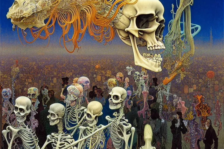 Image similar to realistic detailed portrait painting of a skeleton in a crowded futuristic street by Jean Delville, Amano, Yves Tanguy, Alphonse Mucha, Ernst Haeckel, Edward Robert Hughes, Roger Dean, rich moody colours, blue eyes