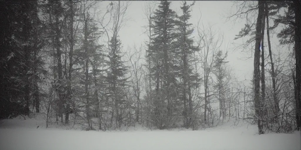 Image similar to photo, bigfoot faintly appears in the distance, barely able to be seen. cold color temperature, snow storm. hazy atmosphere. humidity haze. kodak ektachrome, greenish expired film, award winning, low contrast