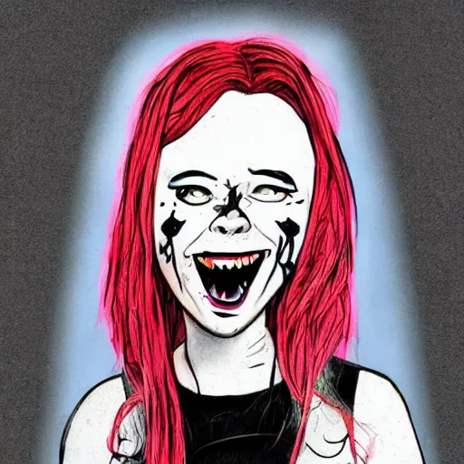 Image similar to grunge drawing of a happy billie eilish in the style of loony toons | horror themed | pennywise style