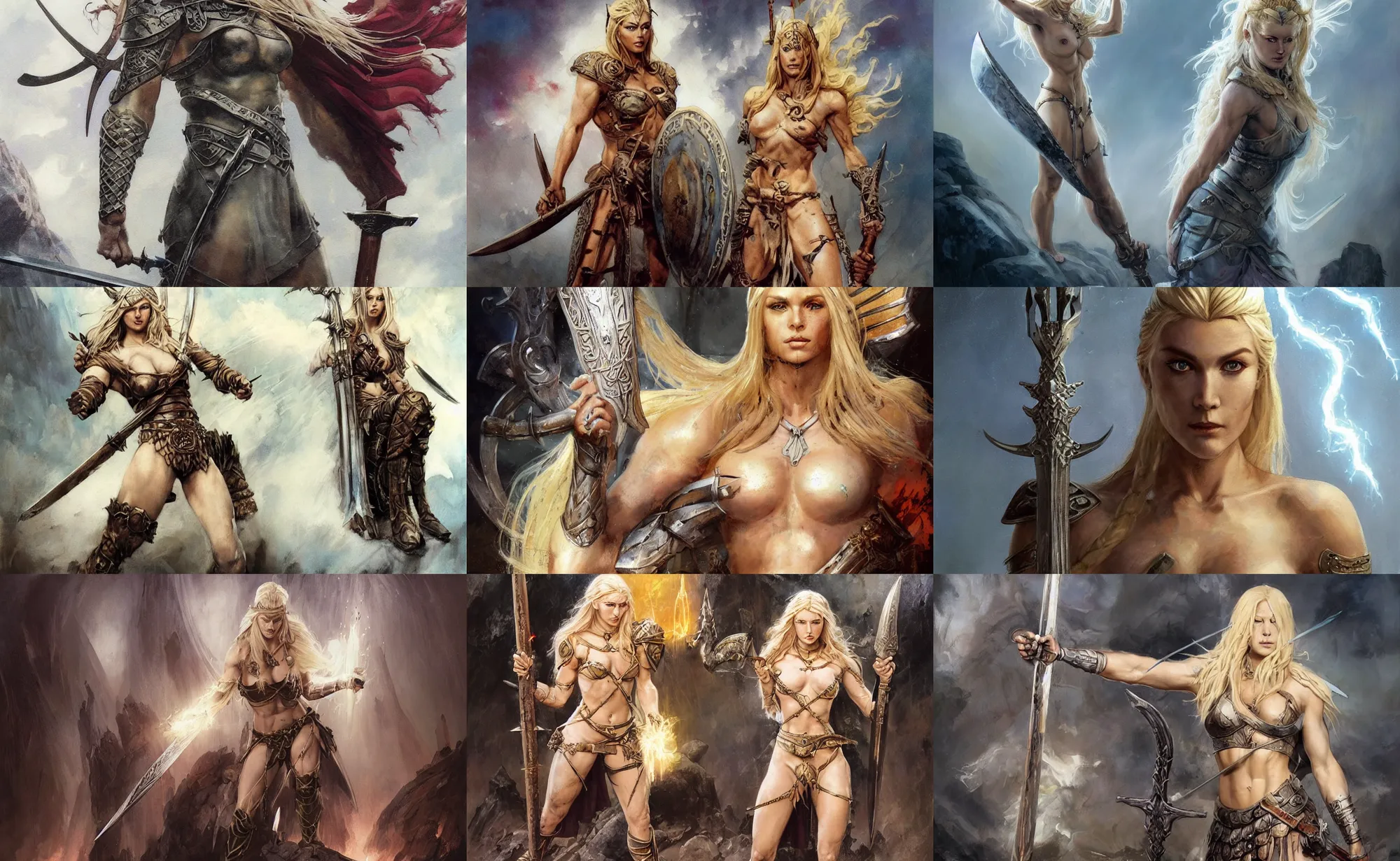 Image similar to A mixed media painting of the beautiful blonde viking goddess of war with a lightning sword, very aesthetic, detailed face, by Frank Frazetta, Greg Rutkowski, Boris Vallejo, Beeple, Christian MacNevin, epic fantasy character art, goddess of anger, viking runes, high fantasy, CGsociety, full length, exquisite detail, post-processing, low angle, masterpiece, cinematic, odin's stone arena background