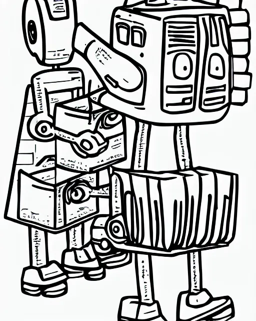 Image similar to robot carrying groceries, coloring book, line art, simple, low detail