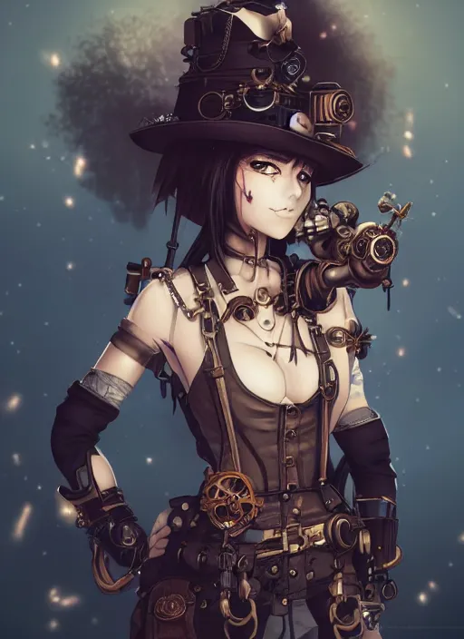 Image similar to steampunk themed anime girl with a steampunk robotic crow on her shoulder, finely detailed, portrait, beautiful, cinematic lighting, made by wlop, artgerm, illustration