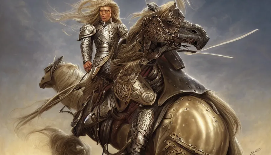 Prompt: portrait, handsome long - haired male fantasy paladin in shining armor on an armored horse, blond, rpg game, stern expression, main character, detailed, digital painting, artstation, sharp focus, illustration, artgerm, tomasz alen kopera, peter mohrbacher, donato giancola, joseph christian leyendecker, wlop, frank frazetta