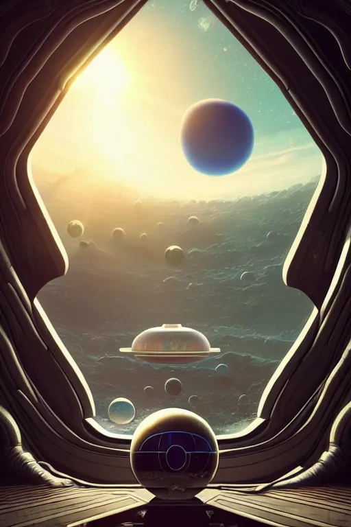 Image similar to Inside a room alien spaceship with large window that provide a scenic view of a huge planet can be seen in the background, Highly detailed labeled, poster, aesthetic, haeccety, trending on artstation, trending on cgsociety