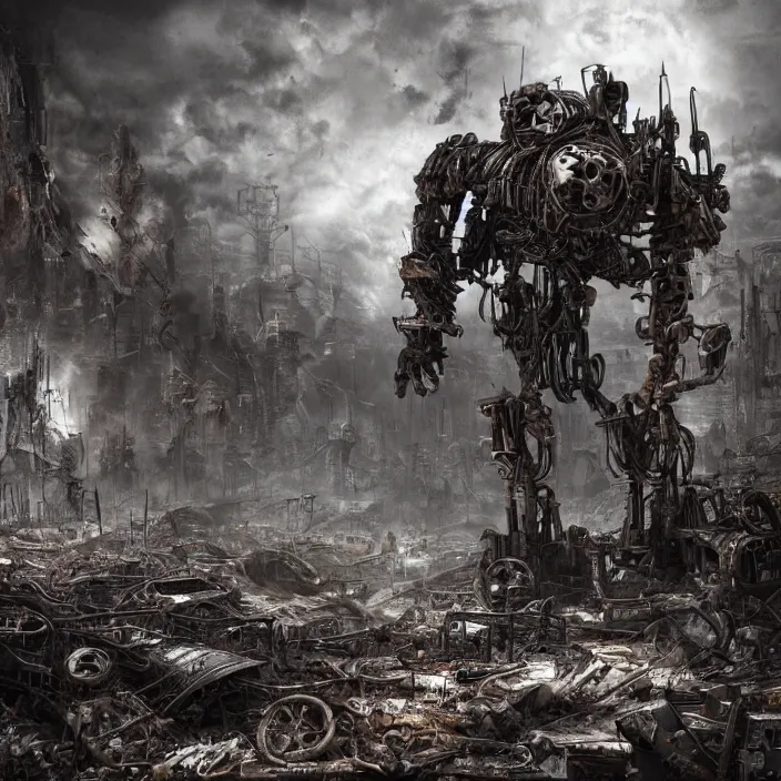 Image similar to gritty apocalyptic human - cyborg standing amongst destroyed machinery, hyper - detailed, sharp focus, 4 k ultra hd, fantasy dark art, apocalyptic art