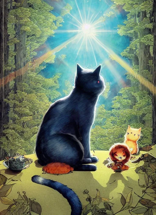 Image similar to a hyper realistic ink cat and the meaning of life and sunbeams blue sky, lush forest poster art by chiara bautista and kim jung giu and norman rockwell and greg rutkowski weta studio, and lucasfilm