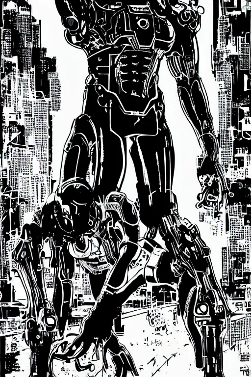 Image similar to ultron, a page from cyberpunk 2 0 2 0, style of paolo parente, style of mike jackson, 1 9 9 0 s comic book style, white background, ink drawing, black and white