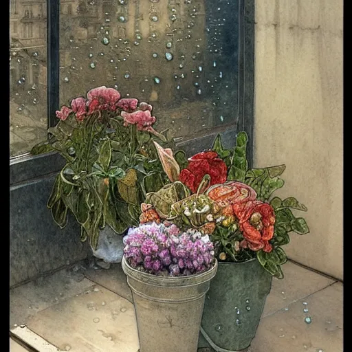 Image similar to a beautifull intricate watercolor painting of potted planter with flowers inside sitting on wet sidewalk, reflexions, raindrops, high details by william turner art, greg rutkowski and alphonse mucha, trending on artstation, very very detailed, masterpiece,