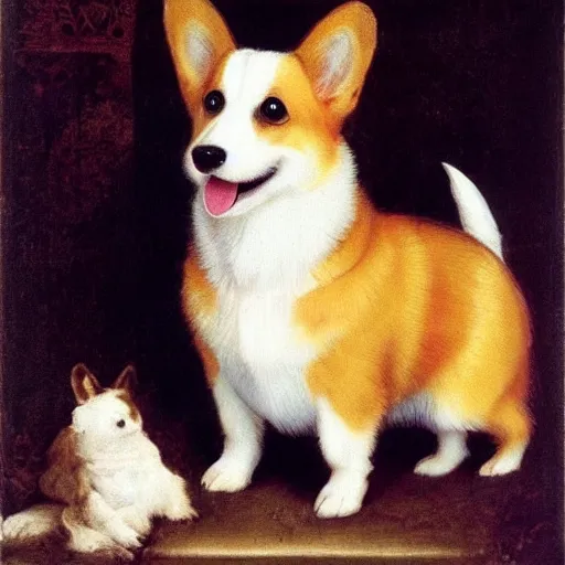 Image similar to a cute little corgi, renaissance painting, high quality, bright colors