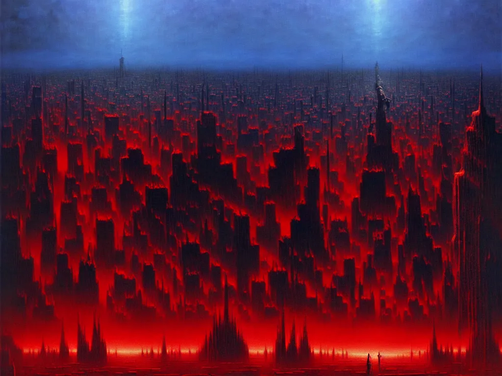 Image similar to an epic cityscape painting of a nightmarish hellscape full of cosmic horrors, by zdzisław beksinski and greg rutkowski, wall street, horror, surreal, cyberpunk, dark, vivid, red, blue, oil on canvas, epic, dramatic, cinematic