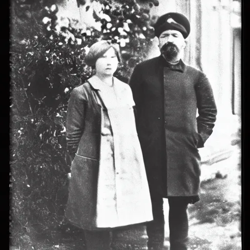 Image similar to Vladimir Lenin and his girlfriend, Princess Anastasia Romanov, photograph, 1919, paparazzi