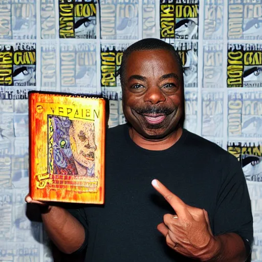 Prompt: LeVar Burton holding the Necronomicon for a very special episode of Reading Rainbow, 4k, 8k, tasteful photoshop, photorealistic,