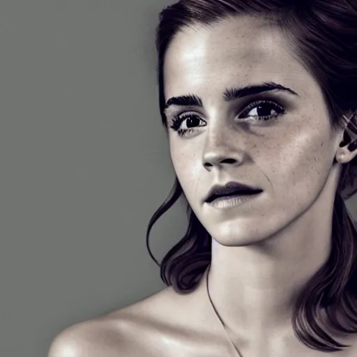 Image similar to Emma Watson by Annie Leibovitz, XF IQ4, 150MP, 50mm, f/1.4, ISO 200, 1/160s, natural light, Adobe Photoshop, Adobe Lightroom, DxO Photolab, Corel PaintShop Pro, rule of thirds, symmetrical balance, depth layering, polarizing filter, Sense of Depth, AI enhanced, HDR