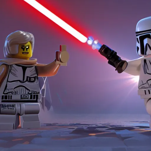 Image similar to a lego star wars battle scene with a person holding a light saber, a 3D render by George Lucas, cg society contest winner, toyism, #vfxfriday, reimagined by industrial light and magic, anamorphic lens flare