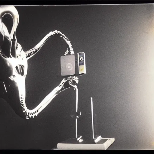 Image similar to polaroid image of xenomorph in a presidential debate against a giant banana