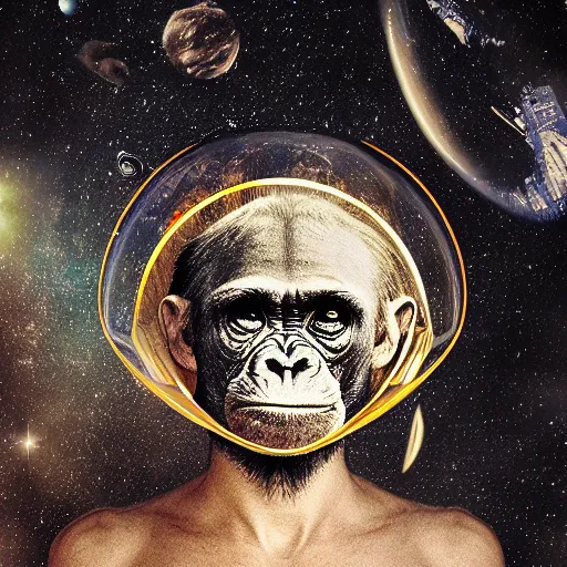 Image similar to double exposure portrait of astronaut and a chimpanzee astronaut with space and time in the the background by davinci, circles, psychedelic, pencil art, high definition, dynamic lighting stars, sharpness, golden ratio